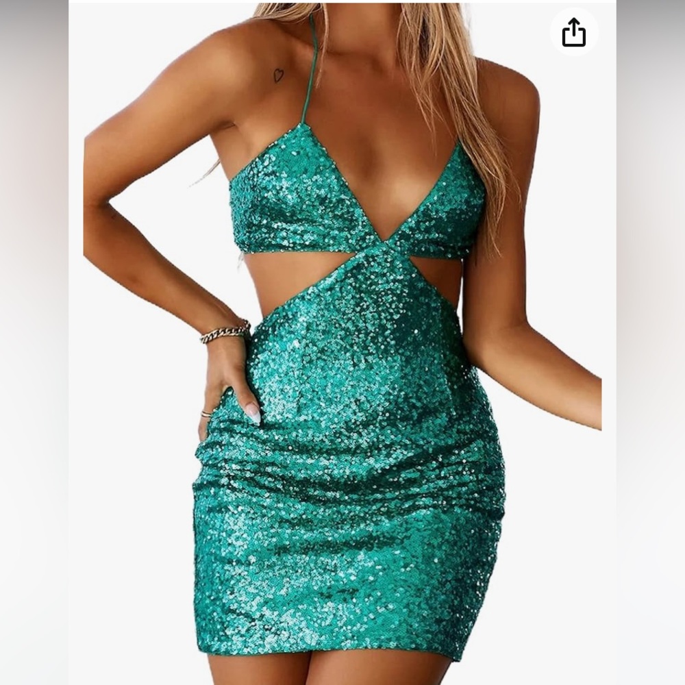 NWT Just Quella green sequin cut out, body cone, mini party dress size XS.